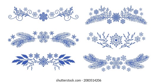 Floral hand drawn Christmas decorative dividers and borders with  fir branches leaves and snowflakes. Vector illustration