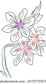 Floral hand drawn clipart. Botanical line art wallpaper with flowers, leaves. Design in colorful and green shades watercolor texture for banner, prints, wall art and home decoration.