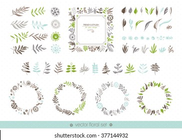 Floral hand drawn collection. Flowers, leaves, frames, decorative elements for your design. Vector set