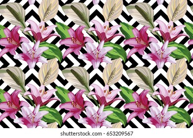 Floral hand drawn composition of beautiful flowers of lily. Seamless wallpaper pattern geometric black white background