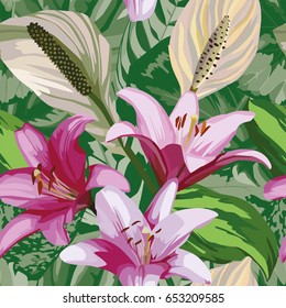 Floral hand drawn composition of beautiful flowers of lily. Seamless wallpaper pattern green begonia leaves background