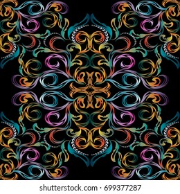 Floral hand drawn damask seamless pattern. Vector black background wallpaper illustration with 3d vintage colorful paisley flowers, swirl line art tracery leaves and elegance multicolor ornaments.
