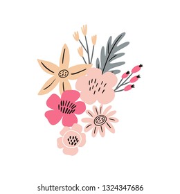 Floral hand drawn Design elements on white background. Pastel abstract flowers and leaves pattern. Spring print for posters and greeting cards