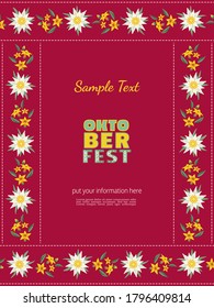 Marco vectorial plano con cinta de trazo floral dibujada a mano edelweiss. Dibujo de caricatura con motivos de flor alpina adornado con bordes de los Alpes. ilustración de plantilla de invitación de Oktoberfest. Fondo de tamaño de la bandera decorativa A4