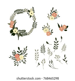 Floral hand drawn elements. Boho style. Set with wreath, flowers and branches. Great for wedding invitations, greatting cards and logo.