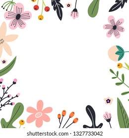  Floral hand drawn elements, frame. Spring abstract flowers and leaves.Spring print for posters and greeting cards.