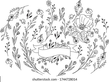 Floral hand drawn elements. Graceful wreaths of wild flowers and leaves. Black and white illustration. Cute little leaves, roses, tulips. For wedding invitations, save the date cards. Vector Art