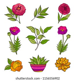 Floral hand drawn elements. Set of different flowers and leaves. Boho style theme. For printing on sticky paper and for use in your design. Colorful bright vector illustration. Isolated on white