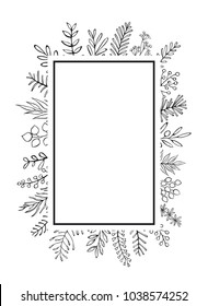 floral hand drawn farmhouse style outlined twigs branches frame border background with place for text