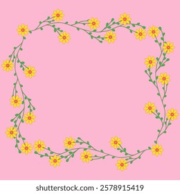 Floral hand drawn frame Isolated pink background Copy space Spring blank greeting card poster banner Birthday mother's day women's day Cute template for children baby Yellow flowers Square design