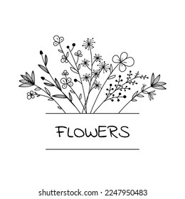 Floral hand drawn frame. Logo. Outlined doodle flowers and leaves, frame for your text. Vector Illustration