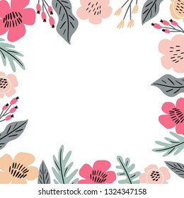 Floral hand drawn frame on a white background. Pastel abstract flowers and leaves pattern. Spring print for posters and greeting cards