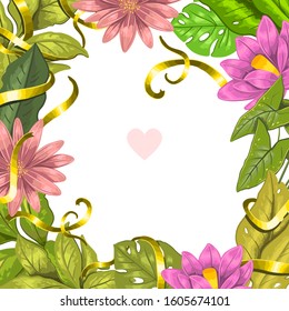 Floral hand drawn frame with tropical leaves, golden ribbon and flowers. Vector stock background for wedding polygraphy, postcards, invitations, prints, flyers.  