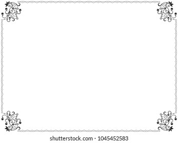 Floral hand drawn framed pattern with swirl border elements and with leaves and flowers in corners, vector illustration