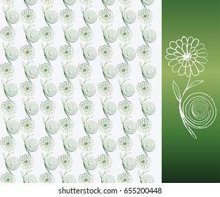 Floral hand drawn green pattern on light gray background and enlarged element of pattern on green background. Vector illustration. Element for design fabrics, cards, posters and other objects