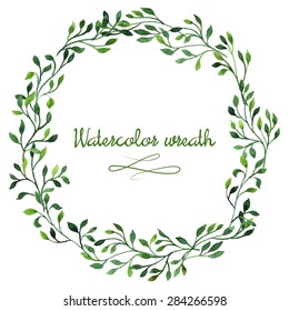 Floral hand drawn green watercolor wreath of subtle brunches with leaves, with space for custom text, isolated on white background, retro illustration.