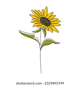 Floral hand drawn icon. Sunflower vector. Helianthus flower. Line continuous botanical drawing. Floral design, print, beauty branding, card, poster, logo. Linear illustration. Symbol of Ukraine.