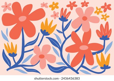 Floral hand drawn illustration background - blue and pink colorful botanical wallpaper design vector