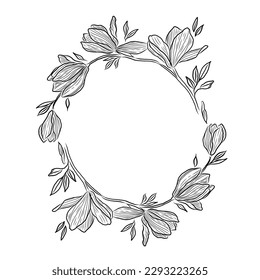 floral hand drawn ink outline wreath design 