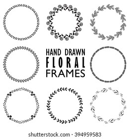 Floral hand drawn laurels and wreaths kit. This collection of frames with copy space for your own text. Save the date, woman's day, invitation, web design, your hipster wedding card or design element.