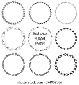 Floral hand drawn laurels and wreaths kit. This collection of frames with copyspace for your own text. Save the date, woman's day, invitation, web design, your hipster wedding card or  design element.