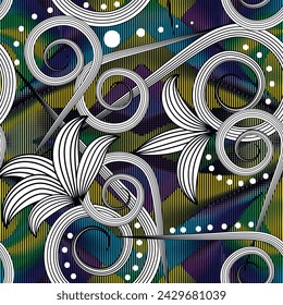 Floral hand drawn line art swirls flowers seamless pattern on grunge textured striped background. Vector ornamental beautiful modern repeat backdrop. Modern drawing abstract ornaments. Endless texture