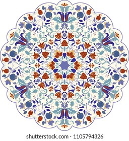 Floral, hand drawn Mandala. Turkish motif. Round colorful floral ornament in traditional Oriental pattern. Isolated decorative element for card design, t-shirt print, ceramic tile.