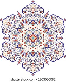 Floral, hand drawn Mandala. Turkish motif. Round colorful floral ornament in traditional Oriental pattern. Isolated decorative element for card design, t-shirt print, 