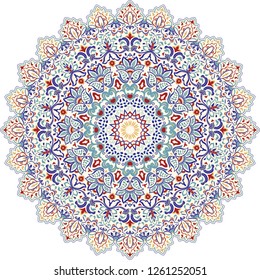 Floral, hand drawn Mandala. Turkish motif. Round colorful floral ornament in traditional Oriental pattern. Isolated decorative element for card design, t-shirt print, ceramic tile.