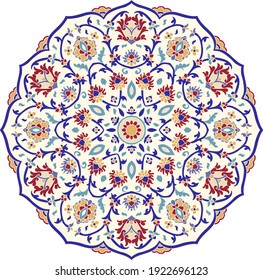 Floral hand drawn Mandala. Turkish motif. Round floral ornament in traditional Oriental pattern. Isolated decorative element for card design, t-shirt print, ceramic tile.