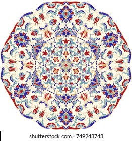 Floral hand drawn Mandala. Turkish motif. Round colorful floral ornament Traditional Oriental pattern. Isolated decorative element for card design, t-shirt print, ceramic tile. 