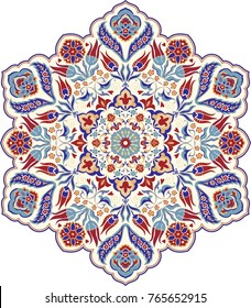 Floral, hand drawn Mandala. Turkish motif. Round colorful floral ornament in traditional Oriental pattern. Isolated decorative element for card design, t-shirt print, ceramic tile.