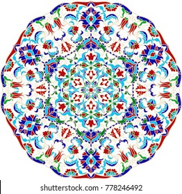 Floral, hand drawn Mandala. Turkish motif. Round colorful floral ornament in traditional Oriental pattern. Isolated decorative element for card design, t-shirt print, ceramic tile.