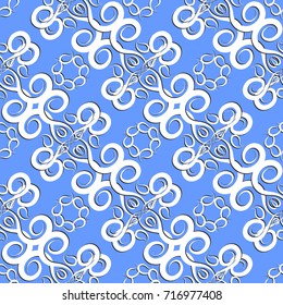 Floral hand drawn paisley seamless pattern. Light blue abstract background with vintage white paisley flowers, swirl leaves and doodle ornaments. Vector template for fabric, textile.