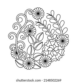 Floral hand drawn round coloring book page. Vector black and white illustration,