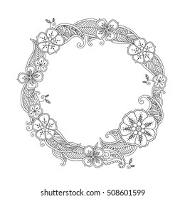 Floral hand drawn round frame in zentangle style isolated on white background. Doodle flowers decorative border. Coloring book for adult and children. Editable vector illustration.