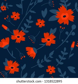 Floral hand drawn seamless color pattern. Cartoon texture with cute flowers and leaves. Floral ornament in scandinavian style. Sketch for wrapping paper, textile, background vector fill.