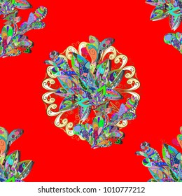 Floral hand drawn seamless pattern. Modern flourish red, green and blue vector background wallpaper illustration with vintage line art tracery paisley flowers, flowery ornaments.