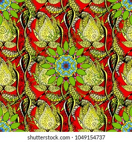 Floral hand drawn seamless pattern. Modern flourish black, yellow and red vector background wallpaper illustration with vintage line art tracery paisley flowers, flowery ornaments.
