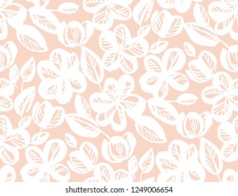 Floral hand drawn seamless pattern. Sketch texture with white blooming flowers and leaves. Sakura, cherry blossom vintage pink background. Soft textile, wallpaper, wrapping paper vector fill