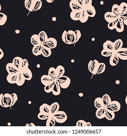 Floral hand drawn seamless pattern. Bright pink blooming. Spring flowers and buds sketch texture. Sakura, cherry blossom vintage black background. Soft textile, wallpaper, wrapping paper vector fill