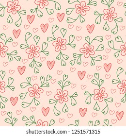 Floral hand drawn seamless pattern with heart shaped leaves.