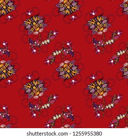Floral hand drawn seamless pattern. Modern flourish red, black and purple vector background wallpaper illustration with vintage line art tracery paisley flowers, flowery ornaments.