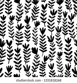 Floral hand drawn seamless pattern. Ink brush texture with flowers, stems, leaves. Handdrawn acacia, laurel twig. Black and white grunge brushstroke drawing. Botanical textile, wrapping paper design.