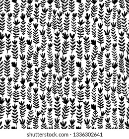 Floral hand drawn seamless pattern. Ink brush texture with flowers, stems, leaves. Handdrawn acacia, laurel twig. Black and white grunge brushstroke drawing. Vector botanical textile, wrapping paper.