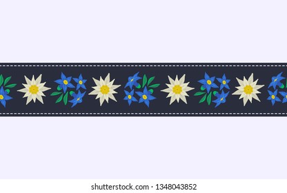 Floral hand drawn seamless pattern border with edelweiss. Decorative ribbon isolated. Vector symbol of Alps Mountain alpine flower cartoon. Oktoberfest event design element. Background illustration