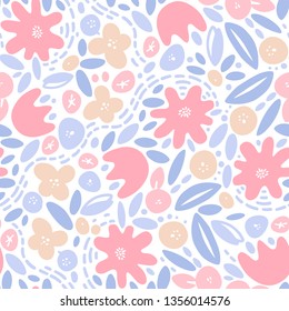 Floral hand drawn seamless pattern. Simple vector illustration in scandinavian style. Colorful background.