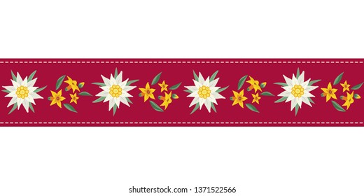 Floral hand drawn seamless pattern border with edelweiss. Decorative ribbon isolated. Vector symbol of Alps Mountain alpine flower cartoon. Oktoberfest event design element. Background illustration