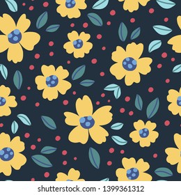 Floral hand drawn seamless pattern. Summer meadow drawing. Flowers and leaves cartoon illustration on black background. Perfect for wrapping paper, fabric design. 
