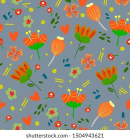 Floral hand drawn seamless pattern. Multicolor flowers in scandinavian style. flat hand drawn backdrop. Spring holidays presents and gifts wrapping paper,For textiles, packaging, fabric, wallpaper. 